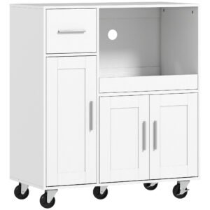 HOMCOM Dulap pentru cuptorul cu microunde din lemn, cu sertar, 2 dulapuri, raft deschis și blat ajustabil, 80x40x88.7 cm, alb | Aosom Romania