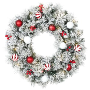 HOMCOM Ghirlandă de Crăciun înzăpezită de 60 cm cu LED-uri, 8 moduri, 140 ramuri, 8 boabe și 15 globulețe decorative, Verde | Aosom Romania