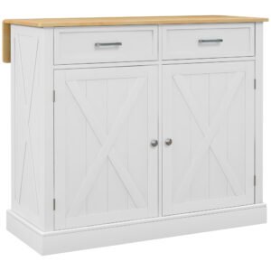 HOMCOM Insulă de bucătărie Cărucior de bucătărie cu blat pliabil din lemn 2 uși 2 sertare raft reglabil și 4 roți 105x60x90,5 cm Alb | Aosom Romania