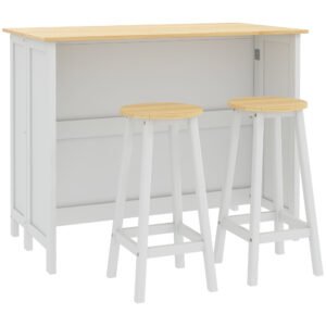 HOMCOM, Insulă de bucătărie cu 2 taburete, blat de lucru rabatabil, 2 dulapuri cu 4 uși, design modern, alb | Aosom Romania
