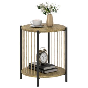 HOMCOM Masă Auxiliară Rotundă de 2 Nivele cu Raft și Structură de Oțel pentru Sufragerie Dormitor 43,5x43,5x51 cm Lemn Natural | Aosom Romania