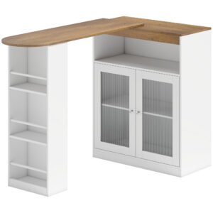 HOMCOM Masă de Bar Extensibilă și Rotativă 360° cu Rafturi Deschise și 2 Uși din Sticlă 150x80x105,5 cm Alb și Lemn Natural | Aosom Romania