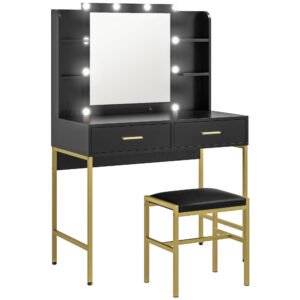 HOMCOM Masă de Machiaj cu Oglindă, 10 Becuri și Taburet Căptușit, 90x45x132,5 cm, Negru | Aosom Romania