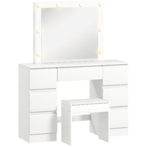 HOMCOM Masă de Machiaj cu Oglindă, 8 Lumini LED, Scaun și 7 Sertare Alb | Aosom Romania