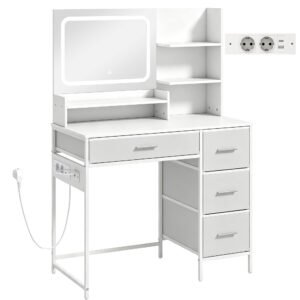 HOMCOM Masă de Toaletă Machiaj cu Oglindă LED 3 Culori, 4 Sertare și 5 Rafturi Deschise, 88x40x130 cm, Alb | Aosom Romania