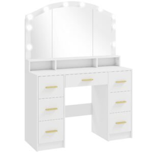 HOMCOM Masă de machiaj cu 10 becuri LED Hollywood, oglindă, 7 sertare, 3 compartimente, MDF, Alb | Aosom Romania