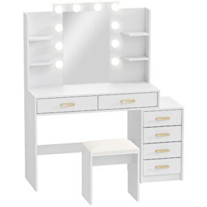 HOMCOM Masă de machiaj cu oglindă iluminată și taburet tapițat, set de machiaj cu 6 sertare și rafturi, Alb | Aosom Romania