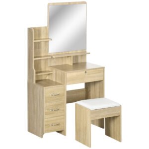 HOMCOM Masă de machiaj cu oglindă, scaun, sertare și rafturi alb | Aosom Romania