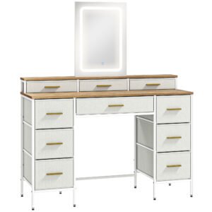 HOMCOM Masă de toaletă cu oglindă și lumini LED 3 culori, masă de machiaj 10 sertare din material textil, 118,5 x 39,5 x 140 cm natural | Aosom Romania