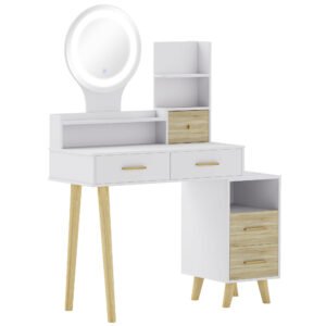 HOMCOM Masă de toaletă cu oglindă și lumini LED reglabile cu 5 sertare 4 compartimente și 1 poliță 100x44x137 cm Alb și Natural | Aosom Romania