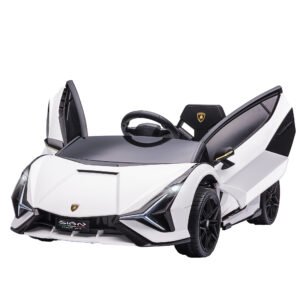 HOMCOM Mașină Electrică pentru Copii 3-5ani, Mașinuță Electrică Lamborghini cu Faruri, Muzică și Telecomandă, 108x62x40cm, Alb | Aosom Romania