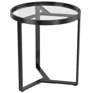 HOMCOM Măsuță laterală rotundă cu blat din sticlă securizată și structură metalică geometrică pentru spații mici, Negru | Aosom Romania
