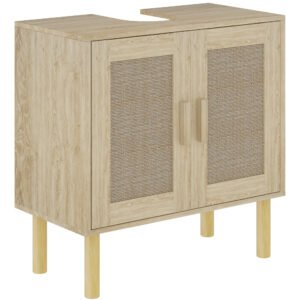 HOMCOM Mobila baie sub chiuveta mobilier sub chiuveta usi din rachita picioare din lemn de pin 2 nivele 60 x 30 x 60 cm stejar | Aosom Romania