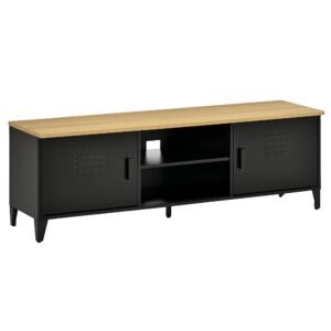 HOMCOM Mobilier TV Banc TV pentru televizoare de 55'' cu 2 Dulapuri Picioare Reglabile Cadru metalic negru Tablou din lemn natural 150 x 40 x 50 cm | Aosom Romania