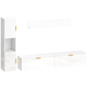 HOMCOM Mobilier TV suspendat cu uși rabatabile Centru entertainment Raft de perete Dulap 180 cm Alb lucios | Aosom Romania