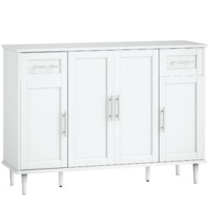HOMCOM Mobilier de Sufragerie, Credență cu 2 Sertare și 3 Dulapuri cu Rafturi Reglabile, Comodă cu Picioare din Pin pentru Sala de Mese și Bucătărie, 120x38x86 cm, Alb | Aosom Romania