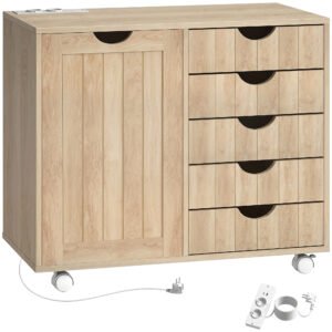 HOMCOM Mobilier pentru imprimantă cu stație de încărcare și roți 5 sertare porturi USB poliță reglabilă natural | Aosom Romania