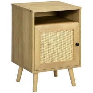 HOMCOM Noptieră cu Ușă de Ratan Masă Auxiliară pentru Dormitor Sufragerie Pat 39x35x60 cm Lemn Natural | Aosom Romania