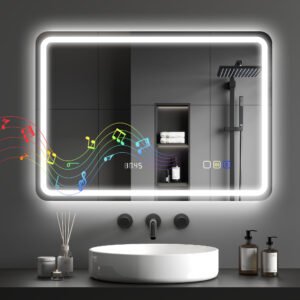 HOMCOM Oglindă de Baie cu LED 70x50 cm cu Bluetooth 3 Culori de Lumină Ceas Digital Funcție Antighear Funcție de Memorie | Aosom Romania