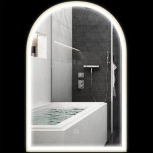 HOMCOM Oglindă de baie LED 90 x 60cm, murală, 3 culori, arcuită cadru din aluminiu, dezmagicire și buton tactil | Aosom Romania