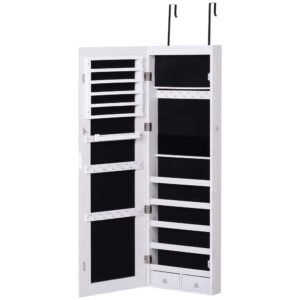 HOMCOM Oglindă pentru Bijuterii cu 6 Lumini LED și Spații de Depozitare, 37x10x120 cm, Alb | Aosom Romania