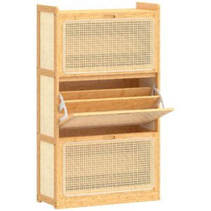HOMCOM Pantofar Îngust din Bambus cu 3 Sertare Rabatabile din Ratan pentru 18-21 Perechi de Încălțăminte 69x29x119,8 cm Natural | Aosom Romania