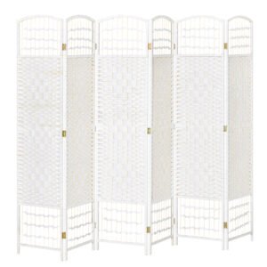 HOMCOM, Paravan interior, 6 panouri pliabile, 242L x 170H cm, lemn de plop, bambus, fibre de hârtie împletită, alb pai | Aosom Romania