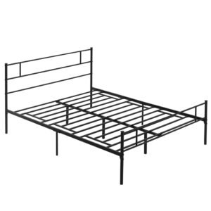 HOMCOM Pat Matrimonial din Oțel 160x200cm, Sipci Integrate, Tetieră, Suport 400kg, Stil Industrial, Negru | Aosom Romania