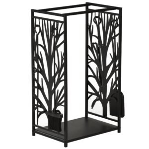 HOMCOM Rack din lemn de ars Suport lemne 4 scule din otel Max. 100kg negru