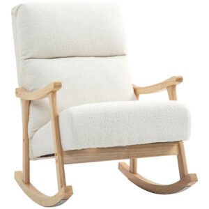 HOMCOM Scaun Balansoar Tapițat din Catifea Teddy, cu Spătar Ergonomic și Picioare din Lemn de Cauciuc,  Alb crem | Aosom Romania