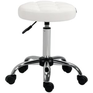 HOMCOM Scaun Rotativ cu Roti, Rotund, Scaun pentru Coafor și Estetician cu Înălțime Ajustabilă, Tapițat în Piele Ecologică, Ø35.5x51-67 cm, Alb