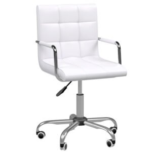 HOMCOM Scaun de Birou din Piele PU cu 5 Rotile Pivotante, Capitonaj și Înălțime Reglabilă, 52,5x54x84-99 cm, Alb | Aosom Romania