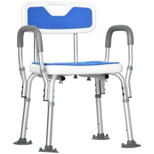 HOMCOM Scaun de Duș cu Căptușeală EVA și Înălțime Reglabilă, Cotiere, Picioare cu Ventuză și Aluminiu, 56,5x53,5x74-87 cm, Albastru | Aosom Romania