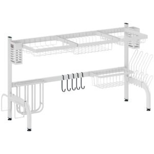 HOMCOM Scurgător din oțel cu 2 niveluri pentru chiuvetă, cu suport pentru tocător și tacâmuri, 100x30x54,5cm, alb | Aosom Romania