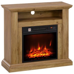 HOMCOM Șemineu Electric cu Efect de Flăcări 3D și Raft, Șemineu Electric cu Oprire Automată, 81,5x30x76,2 cm, Maro | Aosom Romania
