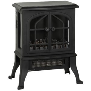 HOMCOM Șemineu Electric de Podea, Flacără 3D, Termostat 10-35°C, Plastic, Sticlă, 39x24x48 cm, Negru | Aosom Romania