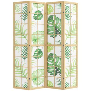HOMCOM Separator de cameră 4 piese, pliabil, design boho, motiv tropical, separator independent, cadru din lemn, verde | Aosom Romania