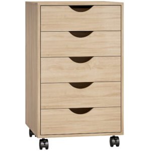 HOMCOM Sertarieră birou cu roți și 5 sertare, arhivor mobil, pentru birou, living 40x40x67 cm Stejar | Aosom Romania