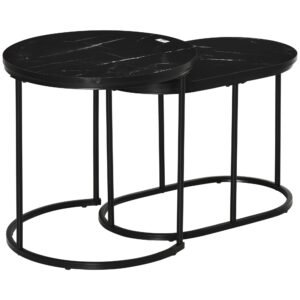 HOMCOM Set 2 Măsuțe de Cafea cu Blat cu Efect de Marmură din MDF și Oțel Negru | Aosom Romania