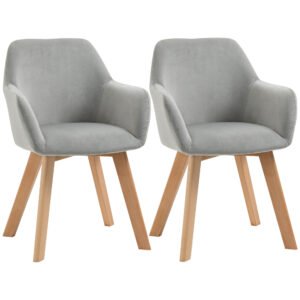 HOMCOM Set 2 Scaune de Sufragerie cu Picioare din Lemn, Scaune de Bucatarie Capitonate cu Cotiere din Tesatura Catifelata, 54x57x80cm, Gri