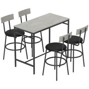 HOMCOM Set cu Masă Înaltă și 4 Scaune de Bar cu Spătar Stil Industrial Gri | Aosom Romania