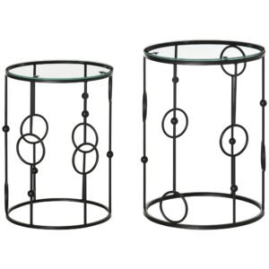 HOMCOM Set de 2 Măsuțe de Cafea Stivuibile din Metal și Sticlă Securizată, Design Modern Ø41x57cm și Ø36x51cm, Negru | Aosom România