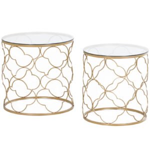 HOMCOM Set de 2 Masute pentru Salon care se pot Stivui Art Deco, Masute de Cafea din Metal cu Blat din Sticla Securizata, Auriu | Aosom Romania