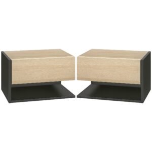 HOMCOM Set de 2 Noptiere suspendate - Set de 2 Noptiere - sertar Culisant, etajera, Bicolore Aspect stejar Negru | Aosom Romania