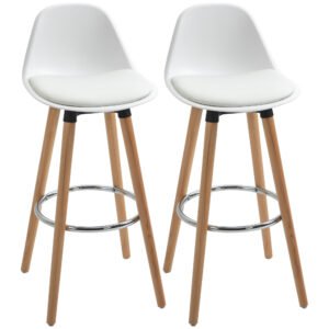 HOMCOM Set de 2 Scaune Înalte de Bar cu Spătar, Scaune Înalte cu Pernă și Pernițe pentru Picioare, 38,5x42,5x91 cm, Alb | Aosom Romania