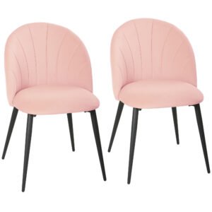 HOMCOM Set de 2 Scaune de Sufragerie din Catifea, Scaune Bucătărie cu Spătar Curbat în Formă de Scoică, Picioare din Oțel, Stil Nordic, Scaun Tapițat pentru Bucătărie, Dormitor, Cameră de Zi, Roz | Aosom Romania