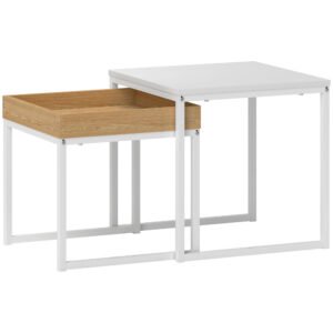 HOMCOM Set de Măsuțe de Cafea Impilabile Moderne cu Tavă, 45x45x45 cm, Alb și Stejar | Aosom Romania
