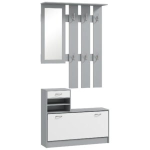 HOMCOM Set de Mobilier pentru Hol cu Raft pentru Pantofi, Oglindă și 2 rafturi Reglabile, 90x24x177 cm, Gri | Aosom Romania