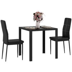 HOMCOM Set masă și scaune pentru 2 persoane, blat rectangular din sticlă, pentru bucătărie living acasă, negru | Aosom Romania