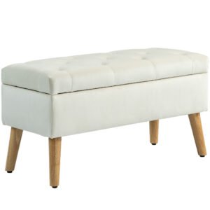 HOMCOM Taburet cu Depozitare In Catifea Picioare In Lemn Di Cauciuc 80x35x42 cm Crem | Aosom Romania